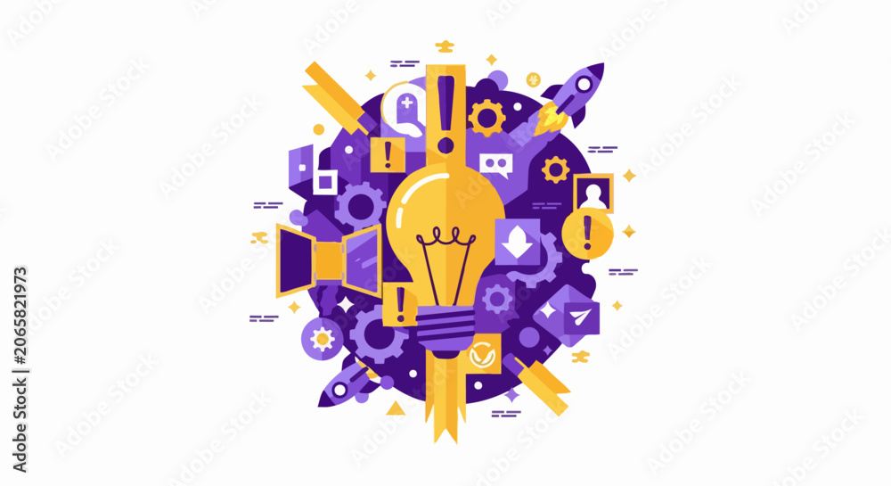 Fototapeta premium Innovation and Creativity Concept Illustration with Lightbulb, Gears, and Rocket Icons for Business Startup and Technology Projects