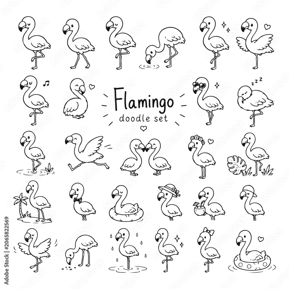Fototapeta premium Flamingo doodles set. Hand drawn vector doodle set on white background