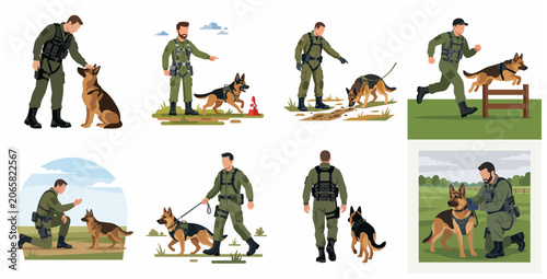 Schilderij op canvas Military K9 handler training German Shepherd dog set, police dog tactical traini
