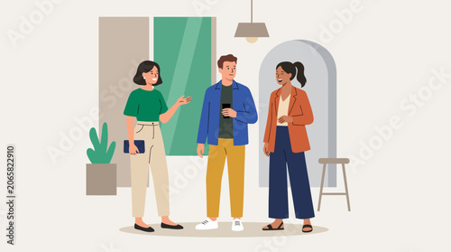 Three friends chatting in a modern room.