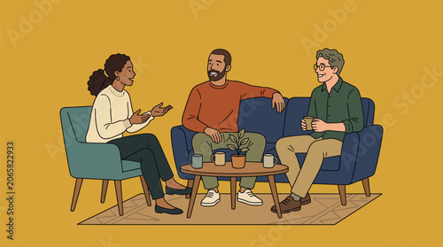 Diverse group of people having a conversation.