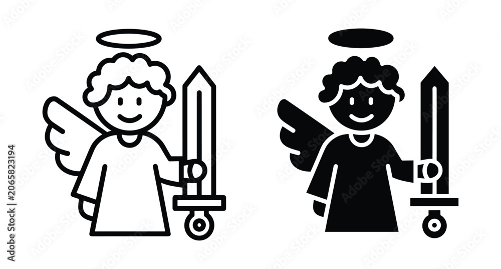 Obraz premium Cute angel warrior icon set featuring a smiling cherub holding a sword with wings and halo in outline and silhouette styles