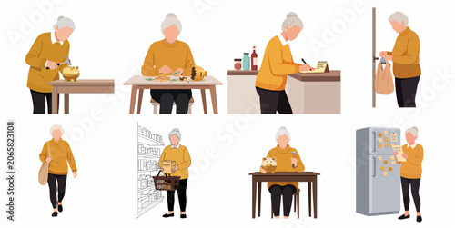 Billede på lærred Elderly Woman Facing Financial Challenges and Budgeting Money Vector Illustratio
