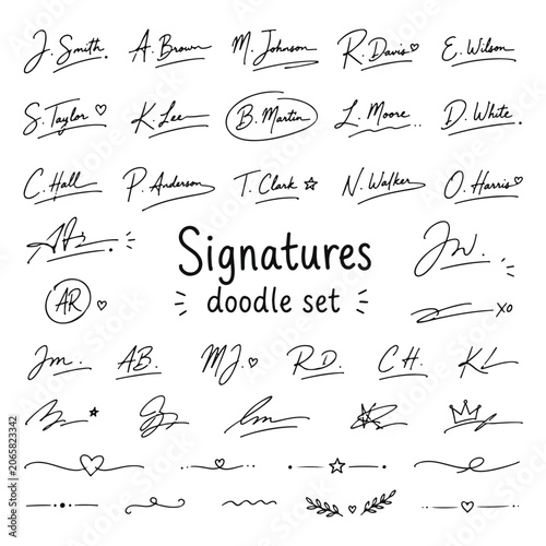 Signatures doodles set. Hand drawn vector doodle set on white background