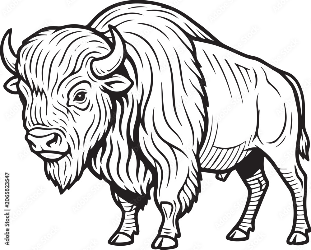 Obraz premium American Bison, Intricate Line Work black and white vector illustration 