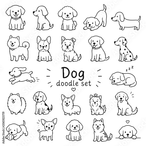 Dog doodles set. Hand drawn vector doodle set on white background
