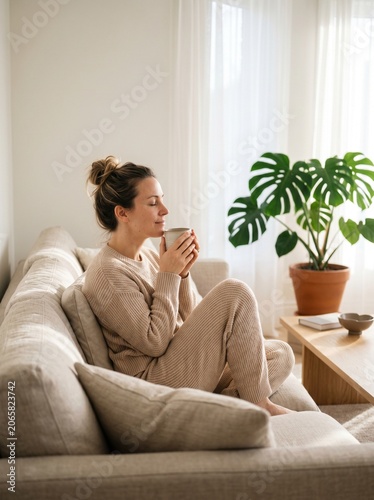 Peaceful woman in beige knitwear sitting on a couch and enjoying a hot beverage in a sunlit modern living room