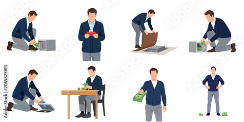 Photos Man managing money savings and bills vector flat illustration set