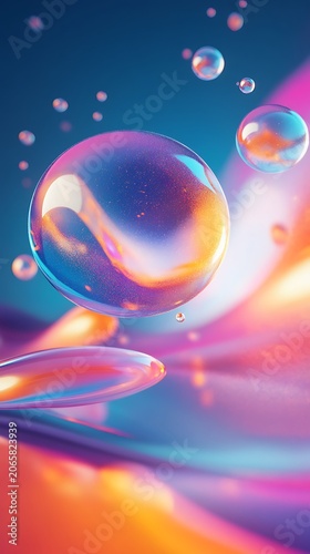 Vibrant iridescent bubbles floating on colorful liquid surface