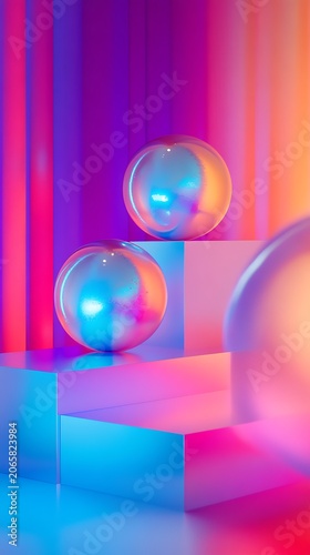 Abstract composition with glass spheres and neon gradient background