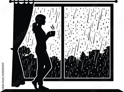 Fotografia Woman With Mug Silhouette Gazing Out Window During Rainfall Black And White Grap