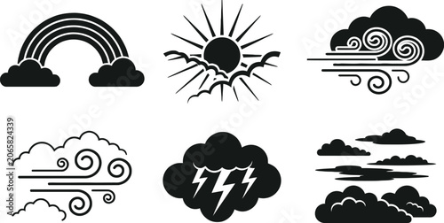 Foto Weather icons set in black and white depicting sunshine rainbows clouds wind and