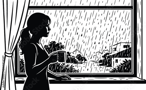 Tableau sur toile Silhouette of a woman looking out a window during rainfall black and white vecto