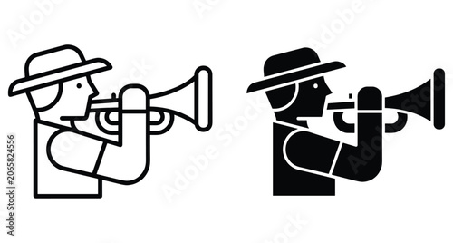 Musician playing trumpet bugle instrument wearing hat profile view minimalist line art and solid black silhouette icon set graphic design