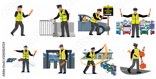 Security Guard and Traffic Controller Illustrations Set, Professional Personnel Managing Traffic and Access Control