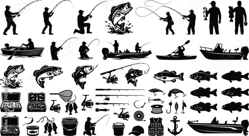 Obraz na plátně Fishing Silhouettes And Equipment Collection Black And White Vector Illustration