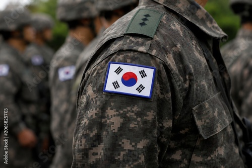 South Korean soldier in military. For national defense, patriotism, military readiness, geopolitical tension, alliance and security in East Asia, duty, honor, and state sovereignty