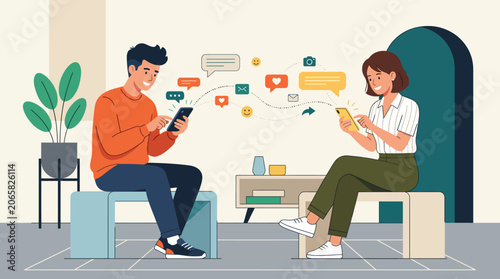 Two people sitting in a living room using their smartphones.