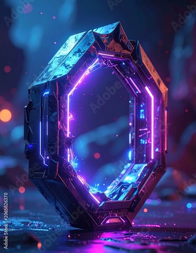 Abstract glowing crystal ball with neon light effects.