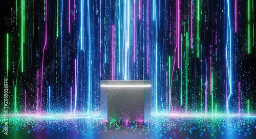 A sleek minimalist podium stands centered amidst a cascading flow of vibrant neon light particles mimicking a digital electric waterfall, electric, product, abstract