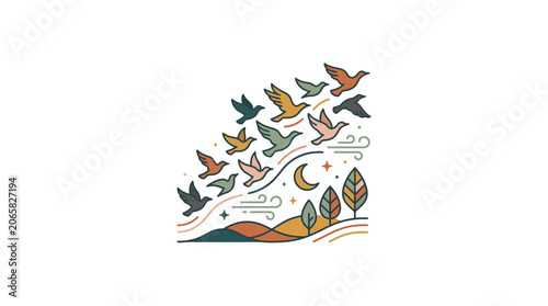 Flock of Birds Flying Over Rolling Hills at Dusk with Moon and Stars