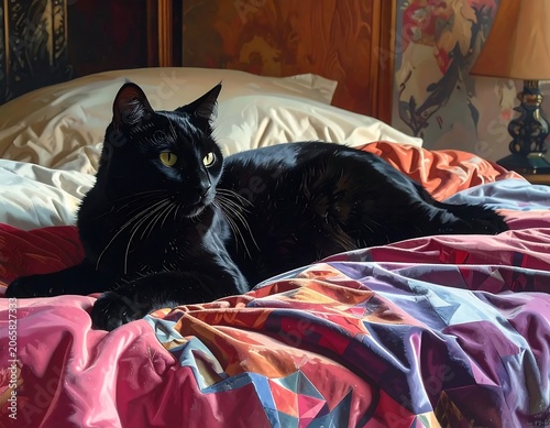 Black cat resting on colorful bedding indoors.