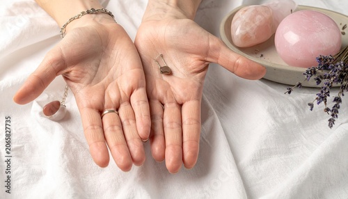 Womans hands holding jewelry and crystals on white linen background
