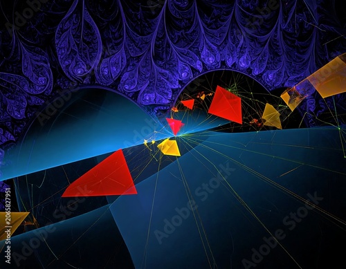 Abstract neon geometric room with colorful lighting.