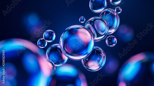 Bilde på lerret Abstract Bubbles Floating in Dark Blue Liquid with Light Reflections
