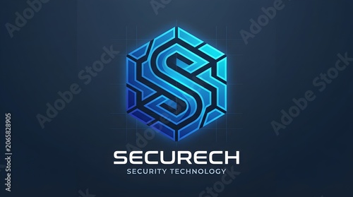 Securech security technology logo with bold S monogram inside a glowing blue hexagon, futuristic gradient facets and dark background, ideal for cyber defense platforms, digital security software, data
