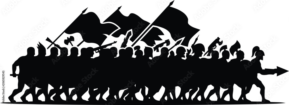Obraz premium Silhouette of a determined marching ancient army with flags and weapons in unison
