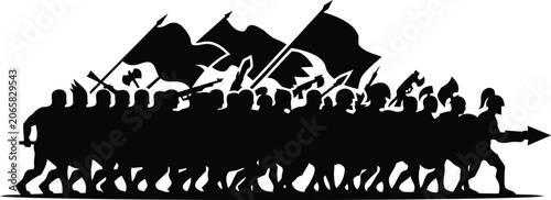 Silhouette of a determined marching ancient army with flags and weapons in unison