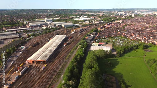 Newcastle upon Tyne UK: 25th May 2026: Drone footage captures Heaton Train Depot activity on a sunny morning with trains and tracks in view