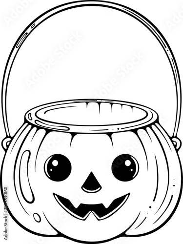 Empty Jack o lantern pumpkin candy basket for sweets. Cartoon Halloween trick or treat bag. For decor, coloring page. Vector illustration in hand drawn sketch style. Line art isolated on white