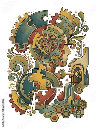 Colorful abstract illustration of interconnected gears and cogs.