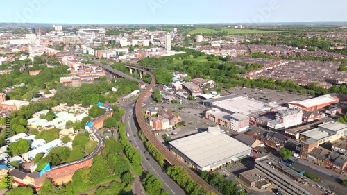 Newcastle upon Tyne UK: 25th May 2026: Drone footage of Shields Road in Byker and Byker Bridge with Newcastle city in the background on a sunny day