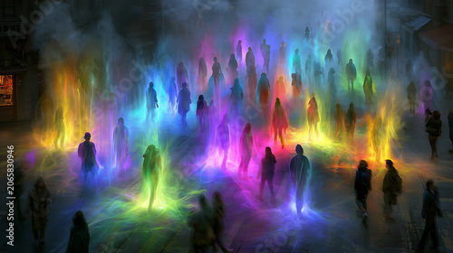 A bustling street transformed by glowing emotional auras surrounding each passerby