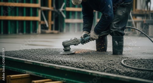 Construction Worker Grinding Wet Concrete Surface With Grinder On A Building Site