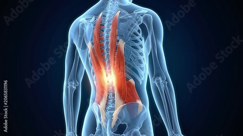 Lower Back Muscle Anatomy 3D Medical Animation Erector Spinae X-Ray Glowing Dark Background