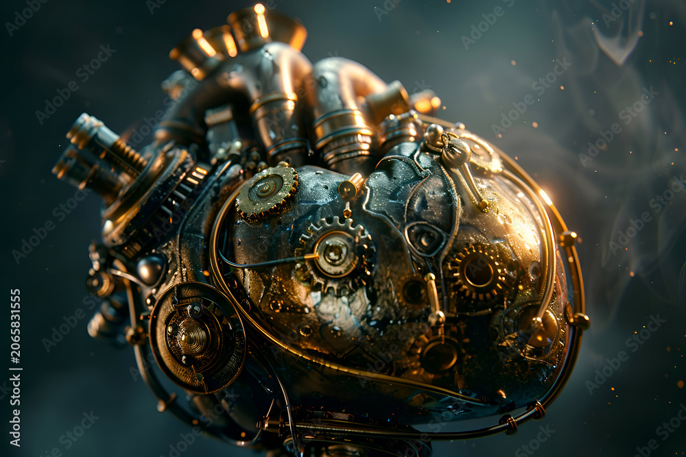 Intricate steampunk mechanical heart with gears and pipes