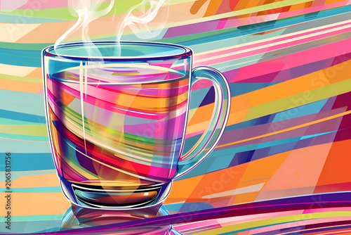Transparent glass mug with steaming hot beverage against colorful abstract background