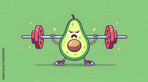 Strong angry avocado cartoon lifting barbell on green background