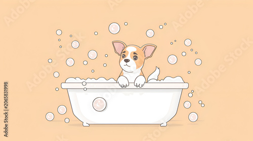 Cute cartoon puppy in bathtub with bubbles on light orange background
