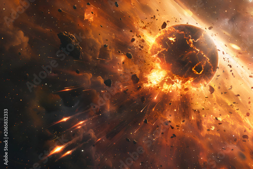 Dramatic cosmic explosion of planet amidst asteroid collision in space