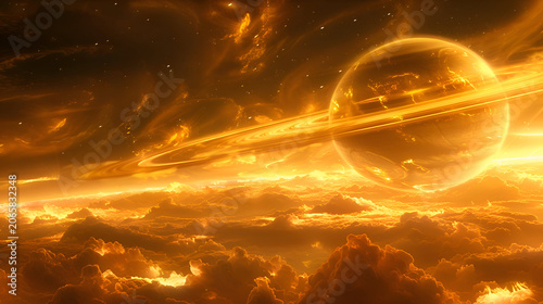 Vivid cosmic scene with glowing planetary rings and radiant cloudscape