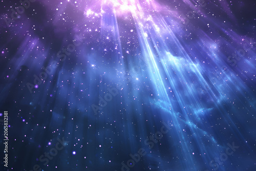 Celestial light beams shining through a starry purple and blue night sky