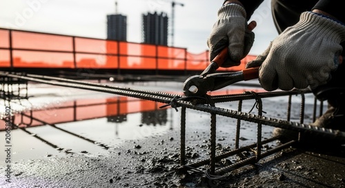 Construction Worker Hand Gripping Rebar With Pliers On A Rainy Day