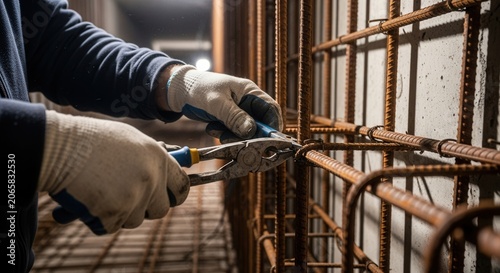 Construction Worker Hand Detail Using Pliers On Rebar Grid