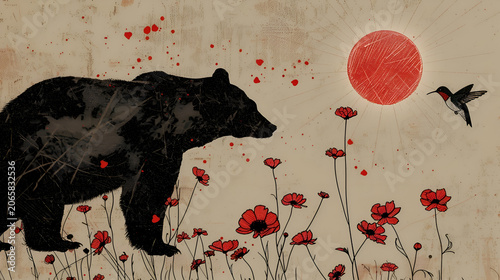 Bear and hummingbird in poppy field under red sun art