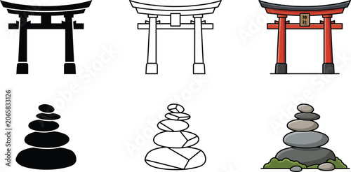 Foto Traditional Japanese Torii Gate Icons: Silhouette, Outline, and Color